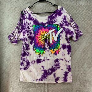 Womens XL T Shirt Purple Tie Dye MTV Graphic Customized Cut Out Short Sleeve